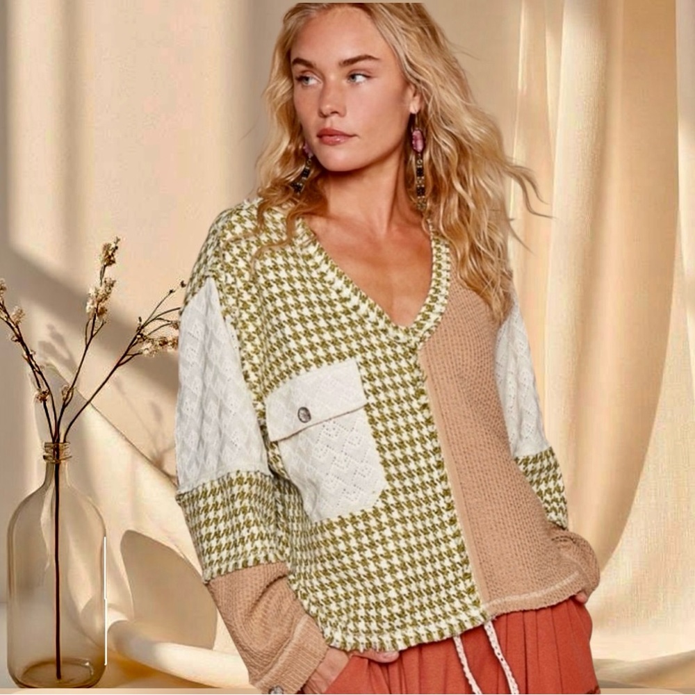 POL Houndstooth Sweater Two-Tone Knit Pullover with Pocket - Picture 5 of 7